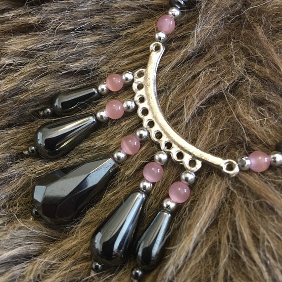 Vintage 80s hematite & rose quartz stone necklace - image 2