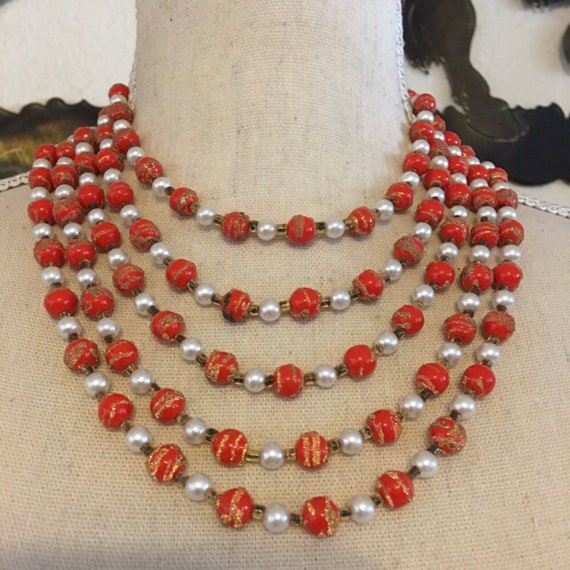 Vintage 60s multi strand sparkle painted bead nec… - image 1