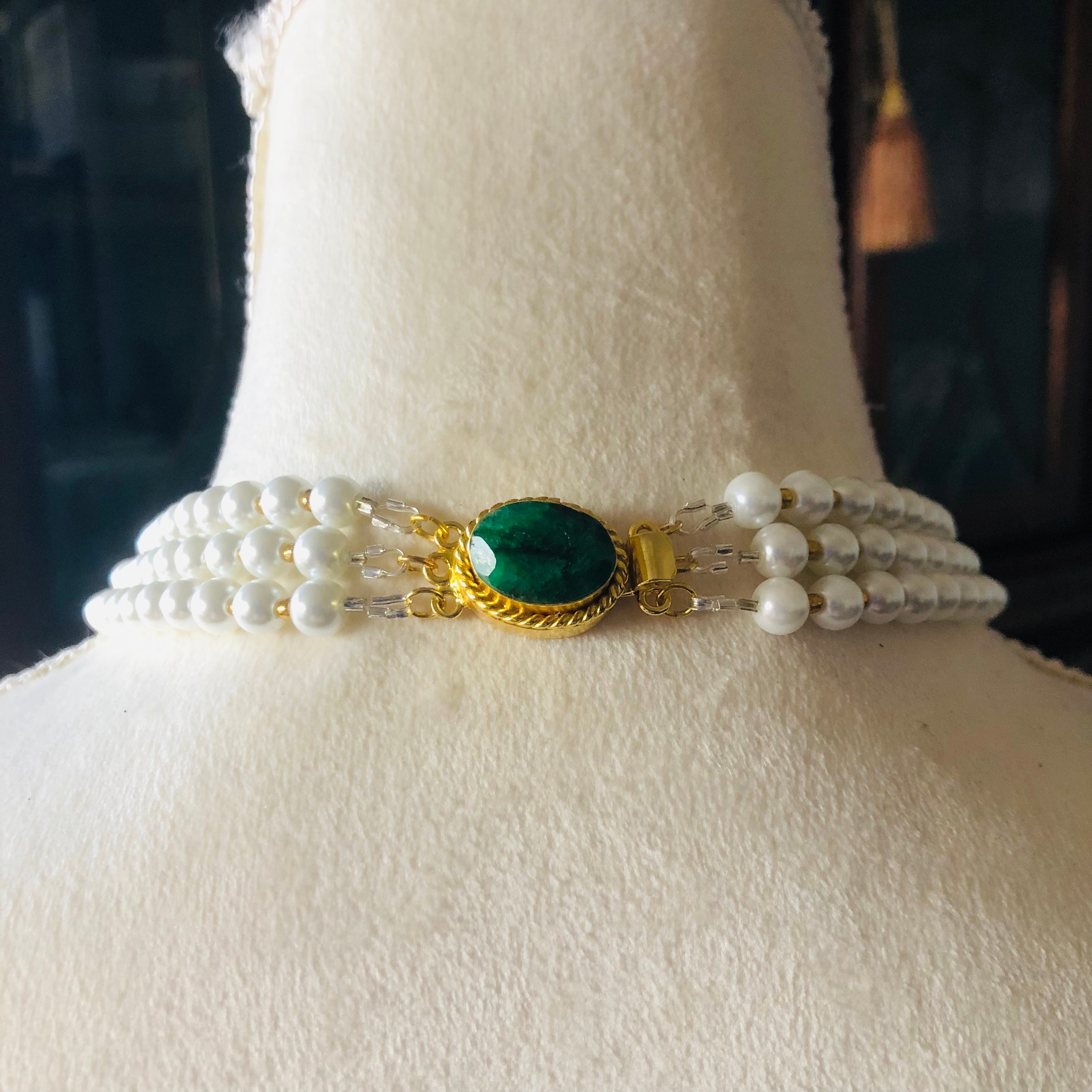 Handcrafted filigree teardrop Czech Pearl genuine emerald stone