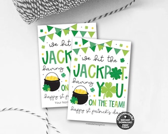 Team Lotto St. Patrick's Day Tags Personalizable Template We Hit The Jackpot Staff Appreciation Employee Thank You Hand Drawn Printable