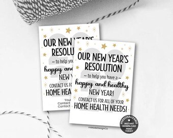 May include: Two rectangular white cards featuring gold stars and the black text: OUR NEW YEAR'S RESOLUTION to help you have a happy and healthy NEW YEAR! CONTACT US FOR ALL OF YOUR HOME HEALTH NEEDS! The background features a large grey 2027.