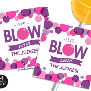 Let&#39;s Blow Away the Judges Tags, Sports Good Luck Gift, Team Good Luck Tags, Lollipop, Purple, Gymnastics, Cheer, Cheerleading, Dance