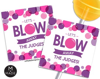 Let's Blow Away the Judges Tags, Sports Good Luck Gift, Team Good Luck Tags, Lollipop, Purple, Gymnastics, Cheer, Cheerleading, Dance