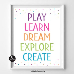 May include: A framed print with the words "PLAY, LEARN, DREAM, EXPLORE, CREATE" in large, colorful letters. The print has a white background with colorful polka dots at the top and a logo in the bottom left corner. The frame is white.