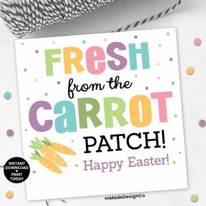 Puede incluir: Una tarjeta cuadrada blanca con el texto "FRESH from the CARROT PATCH! Happy Easter!" en letras coloridas. La tarjeta presenta ilustraciones de zanahorias y lunares coloridos. Una cuerda en blanco y negro está en la esquina superior izquierda.