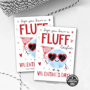 May include: Two Valentine's Day cards with a cartoon design. The cards feature a blue fluffy character wearing heart-shaped sunglasses. Text includes "hope you have a FLUFF-tastic Valentine's Day!" and "XOXO."