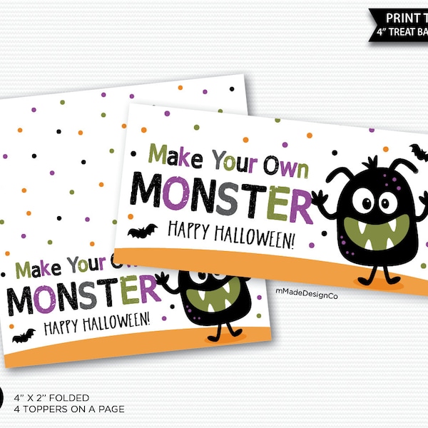 Make Your Own Monster Bag Labels Halloween Treat Bag Toppers DIY Monster Kit Halloween Gift For Kids Halloween Monster Bag Toppers Non-Candy