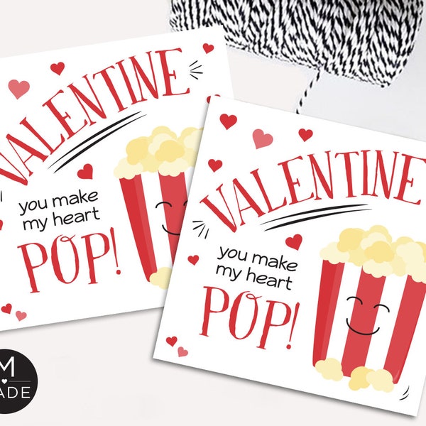 You Make My Heart Pop Valentine's Tags, Popcorn Tags, Popcorn Valentines Gift Tags, Kids, Classroom, School, Printable, 3x3"