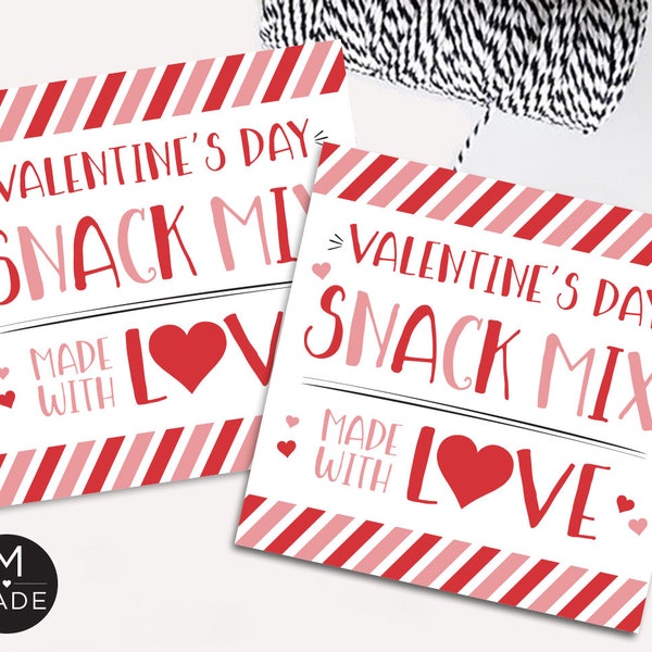 Valentine's Day Snack Mix Tags, Made With Love, Trail Mix, Baking, Homemade Snack Mix, Valentine's Treat Tags, Instant Download, Printable