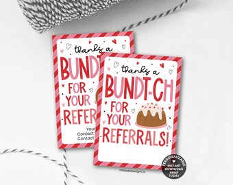 Bundt Valentine's Day Referral Tags Personalizable Template Thanks A Bundt-ch For Your Referrals Client Thank You Hand Drawn Printable