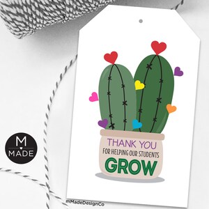 Gracias por ayudar a nuestros estudiantes a crecer Etiquetas de regalo de agradecimiento a los maestros Cactus Planta suculenta Gracias al maestro Fin de año escolar PTO PTA