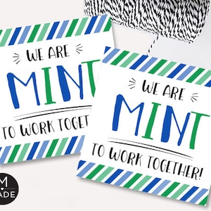May include: Two blue and green striped cards with the text "We are Mint to work together!" on a white background.