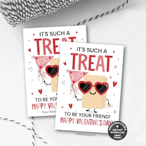 May include: Two Valentine's Day cards with the text "IT'S SUCH A TREAT" in red. Each card features a cartoon character wearing heart-shaped sunglasses and holding a banner that says "XOXO". The cards also include the phrases "TO BE YOUR FRIEND!" and "HAPPY VALENTINE'S DAY".