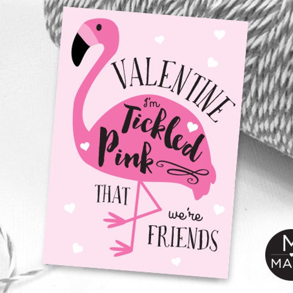 Flamingo Valentines Card, Valentine's Day Card, Classroom Valentines, Kids Valentines, Flamingo Tag, Tickled Pink Valentine, Valentine Card