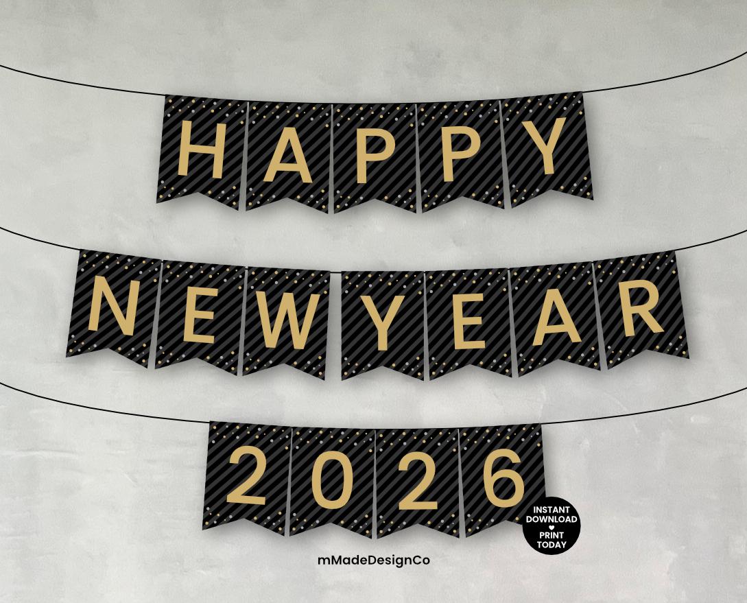 Happy New Year 2026 Banner Printable New Year's Eve Wall Hanging ...