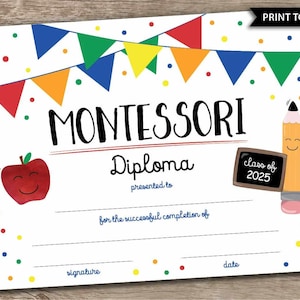 Montessori Diploma Montessori Zertifikat Schule druckbare Montessori Graduierung Zeichen mit Jahr Klassenzimmer Foto Requisite Print Today 8x10 Zoll