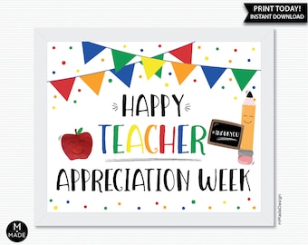 Happy Lehrer Wertschätzung Woche Zeichen Lehrer Danke Zeichen Apple Klassenzimmer Poster Schule Dekor Personal Lehrkörper PTO PTA Printable 8x10