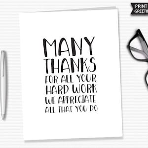 Danke für all Ihre harte Arbeit druckbare Grußkarte Mitarbeiter Wertschätzung Mitarbeiter Dankeschön Arbeitsplatz Coworker Team Wertschätzung Karte