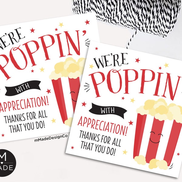 We're Poppin' With Appreciation Thank You Tag,  Employee Appreciation Tag, Popcorn Gift Tag, Team Motivation,Office Staff Gift From Employer