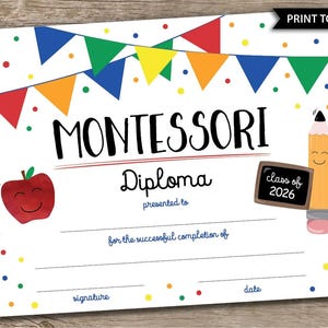 Montessori Diploma Montessori Zertifikat Schule druckbare Montessori Graduierung Zeichen mit Jahr Klassenzimmer Foto Requisite Print Today 8x10 Zoll