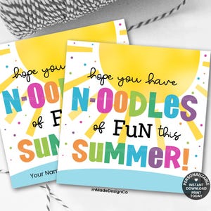 May include: Two square cards with a yellow sun design and the text "hope you have NOODLES of FUN this SUMMER!" in colorful letters. The cards have a blue border and are decorated with colorful dots.