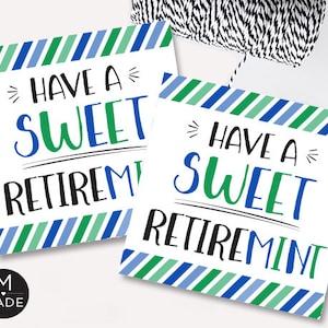 Etiquetas de regalo para la jubilación. Etiquetas de menta para regalar. Recuerdos imprimibles para fiestas de jubilación. Regalos de jubilación. 2x2.