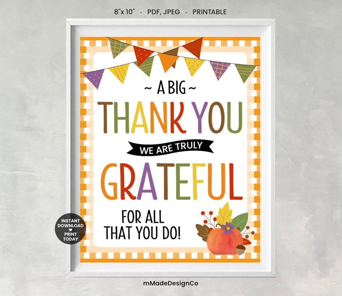 Fall Thank You Sign Grateful for All You Do Thanksgiving Employee ...