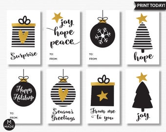 Weihnachtsmarken druckbare Feiertagsetiketten Schwarz Gold Moderne Feiertagsetiketten Geschenkanhänger