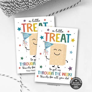 May include: Two rectangular white gift tags featuring a cartoon rice cereal bar character holding a blue pennant flag that reads YOU'RE THE BEST. The text reads A LITTLE TREAT TO GET US THROUGH THE WEEK! THANKS FOR ALL YOU DO! with colorful stars.