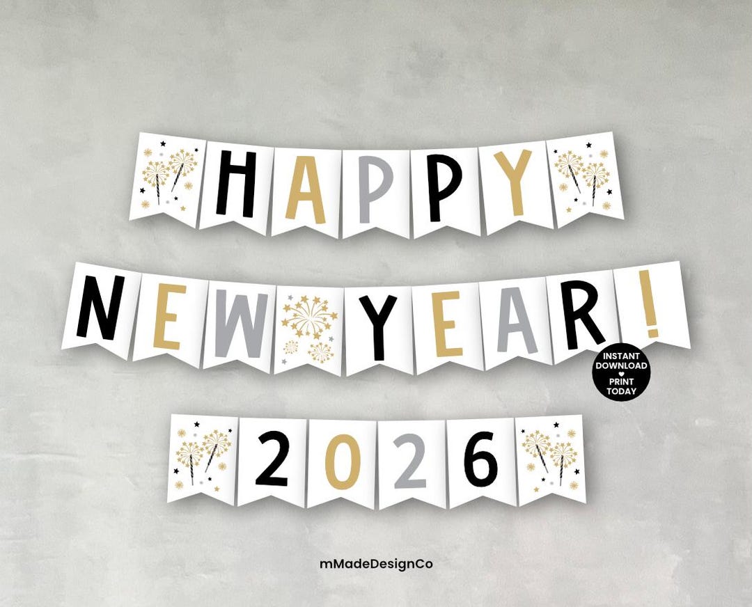 Happy New Year 2026 Banner Printable New Year's Eve Wall Hanging ...