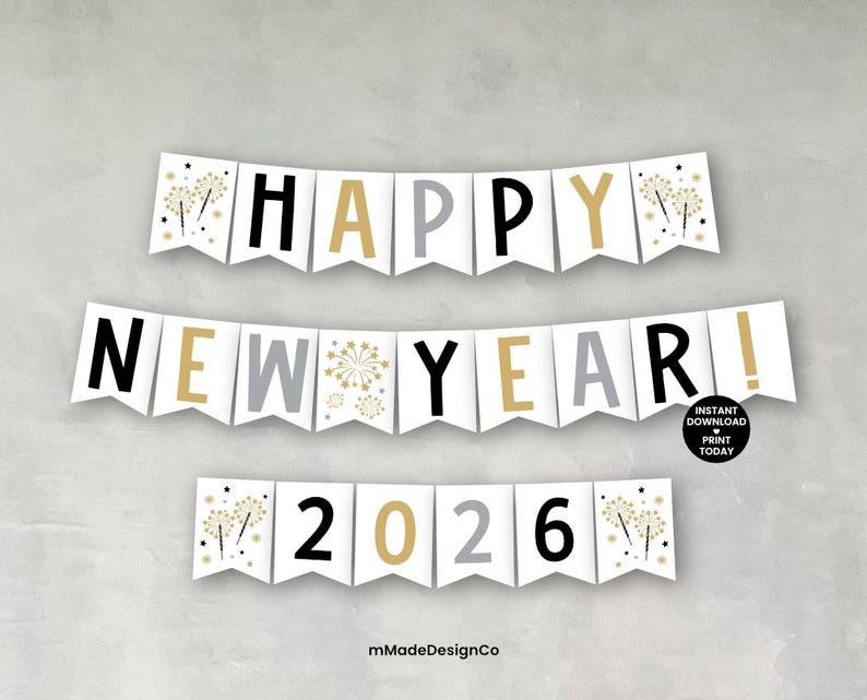Happy New Year 2026 Banner Printable New Year's Eve Wall Hanging ...
