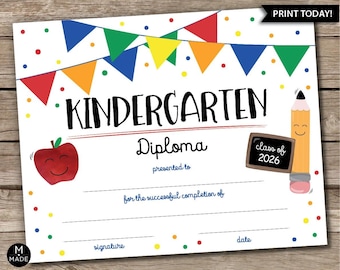 Diploma de jardín de infantes, certificado de jardín de infantes, imprimibles escolares, utilería para fotos, letrero de graduación, letrero de jardín de infantes con impresión del año (hoy) de 25 x 20 cm.