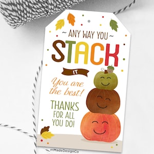 Etichette di apprezzamento autunnali in qualsiasi modo le si voglia impilare Zucca Ringraziamento Autunno Apprezzamento dei dipendenti Riconoscimento del personale Insegnante Grazie Etichette regalo