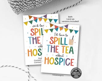 Szablon marketingowy Tea Hospice z personalizowanymi tagami Love To Spill The Tea, rysowany ręcznie, do druku
