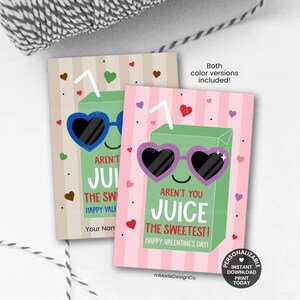 Peut inclure: Deux cartes de Saint-Valentin avec des illustrations de boîtes de jus. L'une a un fond beige avec des lunettes de soleil en forme de cœur bleues, l'autre un fond rose avec des lunettes de soleil en forme de cœur violettes. Texte : "Aren't you juice the sweetest!"