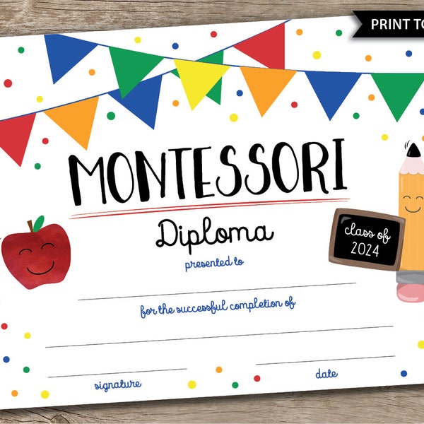 Montessori Diploma Montessori Certificate School Printable Montessori Graduation Sign With Year Classroom Photo Prop Fill-in Print Today