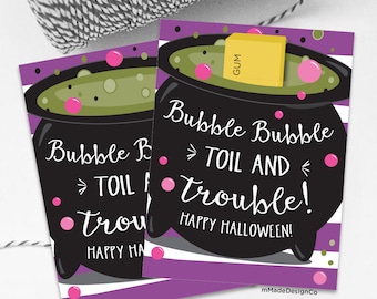 Bubble Gum Halloween Gift Tags Bubble Bubble Toil And Trouble Cauldron Kids Halloween School Classroom Friend