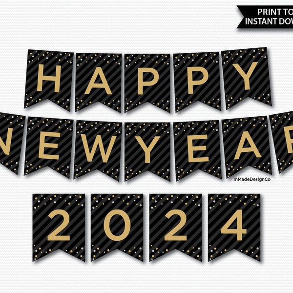 Happy New Year Banner Printable, Black Gold, New Years Banner, New Years Party, New Years Party Decor, Happy New Year, Instant Download