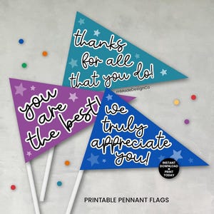 May include: Three colorful pennant flags with white sticks. The flags are teal, purple, and blue, each with a different message in white script: "thanks for all that you do!", "you are the best!", and "we truly appreciate you!"