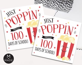 Poppin' Through 100 Days Of School Tags 100th Day Tags Popcorn Gift Tags For Students School Classroom Printable Instant Download 3x3"