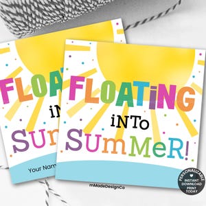 May include: Two square cards with a yellow sun design and the words "FLOATING INTO SUMMER!" in colorful letters. The cards have a light blue border and are decorated with colorful dots.