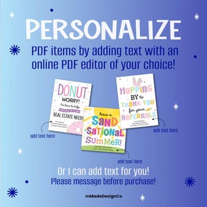 May include: A blue background with the word "PERSONALIZE" in white. The image features three cards with text: "DONUT WORRY!", "HOPPING BY to THANK YOU", and "have a SAND-SATIONAL SUMMER!". The cards are for adding text.