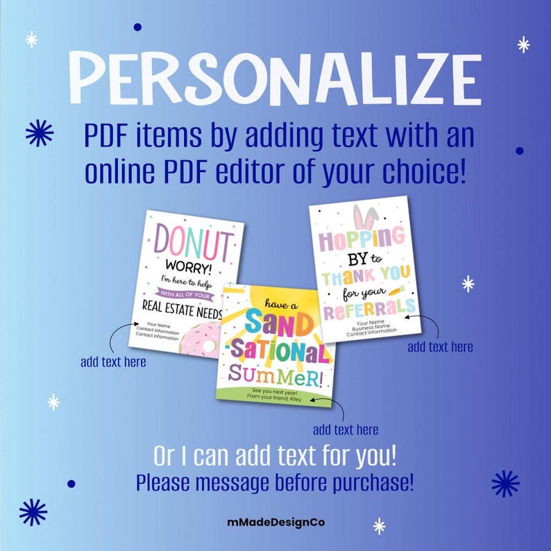 May include: A blue background with the word "PERSONALIZE" in white. The image features three cards with text: "DONUT WORRY!", "HOPPING BY to THANK YOU", and "have a SAND-SATIONAL SUMMER!". The cards are for adding text.