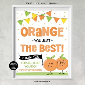 May include: A framed printable art piece with the words "ORANGE YOU JUST THE BEST!" in orange text. The image includes two cartoon oranges, a banner, and the text "THANK YOU FOR ALL THAT YOU DO! IT'S VERY APPRECIATED!" The print measures 8" x 10".