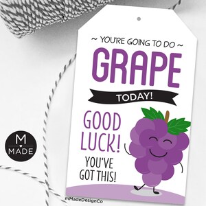 Può includere: Un'uva di cartone animato viola con un viso sorridente su uno sfondo bianco. Il testo "~ YOU'RE GOING TO DO ~ GRAPE TODAY! GOOD LUCK! YOU'VE GOT THIS!" è stampato sulla carta.