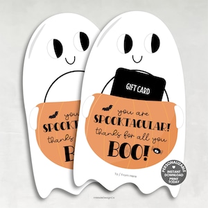 May include: Two white ghost-shaped cards featuring an orange pumpkin bucket graphic. The text reads: you are SPOOKTACULAR! thanks for all you BOO! A black gift card is tucked into the bucket. Includes To / From lines and a small spider icon.