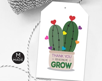Thank You For Helping Me Grow, Cactus Gift Tags, Succulent Tags, Teacher Appreciation, Teacher Thank You Gift, End Of Year,Preschool,Daycare