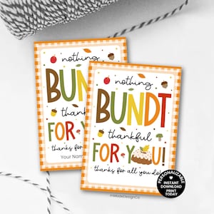 May include: Two rectangular cards with orange gingham borders and the text "nothing BUNDT thankful FOR YOU!" in various colors. The cards have fall-themed illustrations and the words "thanks for all you do" at the bottom.