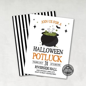 Op de afbeelding: Een Halloween potluck uitnodigingskaart met een zwarte ketel, groene vloeistof, botten, een spin en een vleermuis. De tekst luidt JOIN US FOR A HALLOWEEN POTLUCK THURS, OCT 31 AT 5:30 PM RIVERSIDE HALL 4321 SPOOKY LANE, CITY RSVP TO RILEY 123.456.7890.