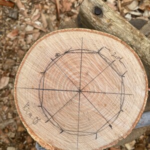 Puede incluir: Primer plano de un disco de madera con un dise&ntilde;o a l&aacute;piz de un c&iacute;rculo con l&iacute;neas que irradian desde el centro. El disco est&aacute; marcado con el texto "Wood 8" y "22cm".